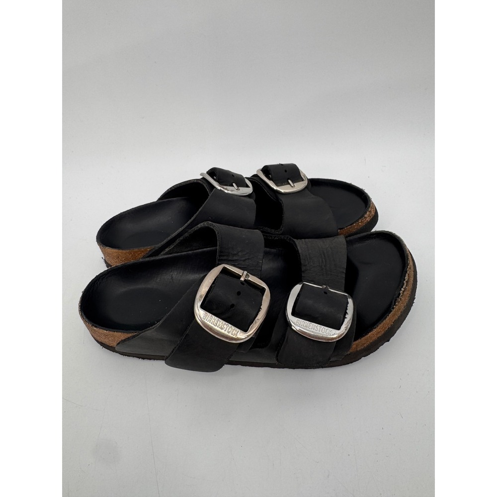 Birkenstock Arizona Sandals Women Sz 7 Black Big Buckle Leather Silver Hardware